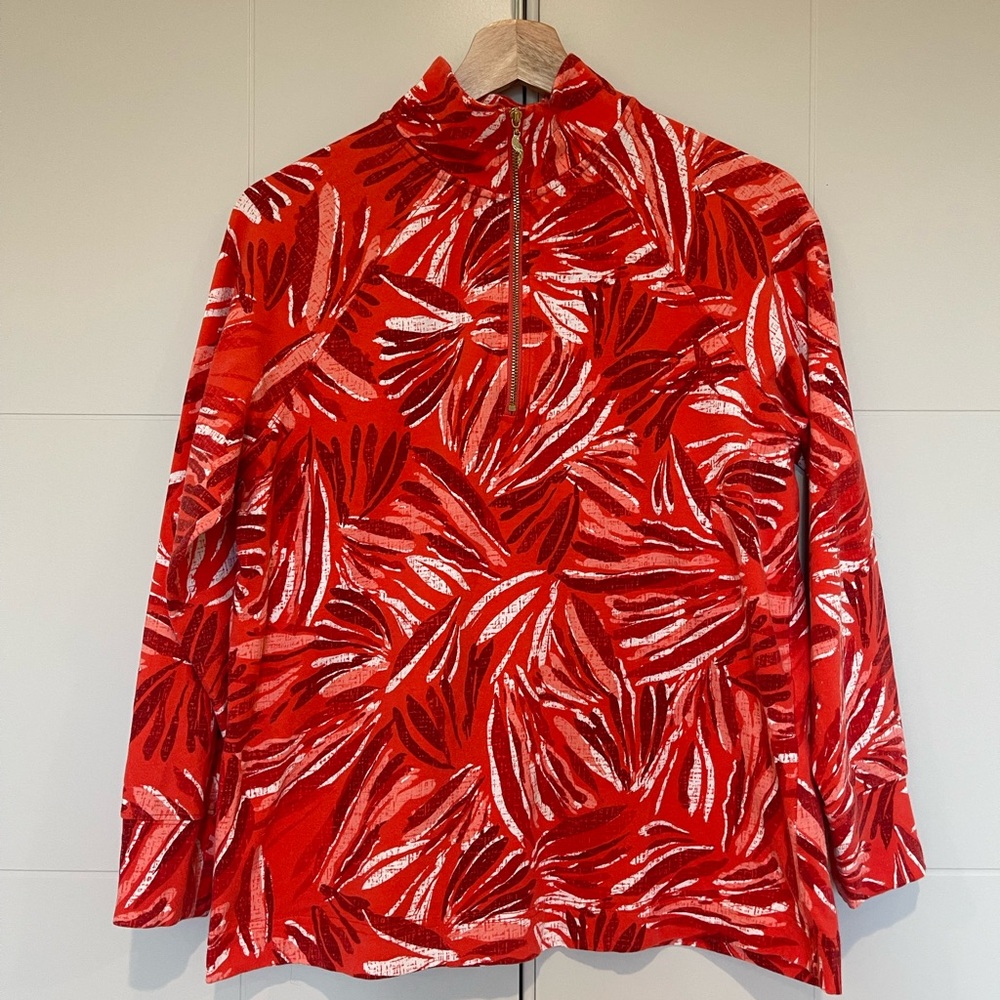 Pappagallo Tropical Scarlet Apple Quarter-Zip Funnel Neck Long Sleeve Top Small